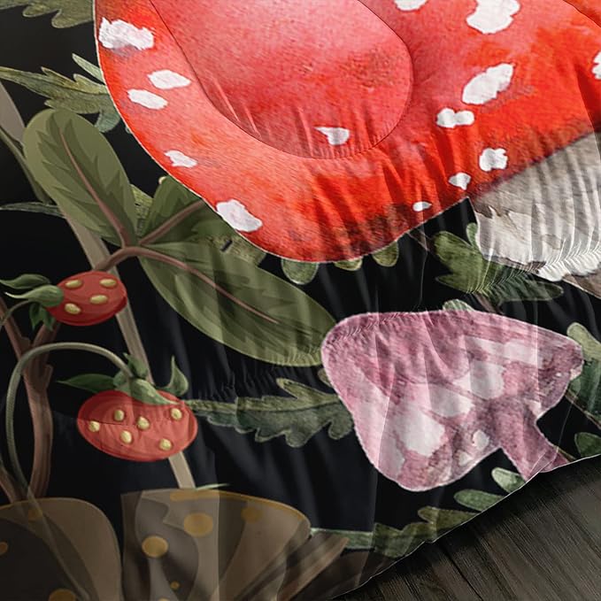 Red Mushroom Kawaii Comforter Set Queen Size Kids Mushroom Dragonfly Bedding Set Botanical Plant Theme Print Quilt Bed Set for Boys Girls Adults with 1 Comforter and 2 Pillowcases
