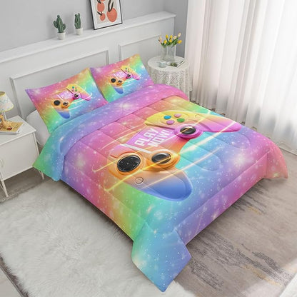 Datura home Bedding Comforter Set Rainbow Gamepad Printed Pattern Quilt with 1 and 2 Pillowcases for Girls Bedroom All Season(Rainbow Full) Full 80x90inches