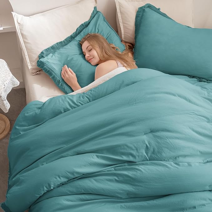 Andency Aqua Tassel Comforter Set Full(79x90Inch), 3 Pieces(1 boho Comforter, 2 Pillowcases) Farmhouse Shabby Chic Comforter Set, Soft Microfiber Lightweight Fringe Bedding Comforter Set