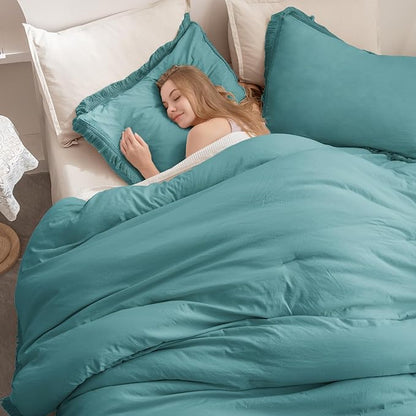 Andency Aqua Tassel Comforter Set Full(79x90Inch), 3 Pieces(1 boho Comforter, 2 Pillowcases) Farmhouse Shabby Chic Comforter Set, Soft Microfiber Lightweight Fringe Bedding Comforter Set