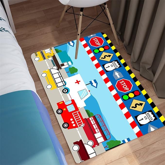 Cartoon Ambulance Car Area Rug Car Carpet for Kids Play Rug for Cars and Trucks Car Rug Play Mat Car Track Rug Truck Rugs for Boys Room Rugs for Boys Bedroom,Light Blue 2'×3'