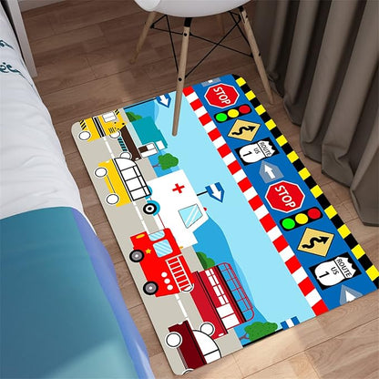 Cartoon Ambulance Car Area Rug Car Carpet for Kids Play Rug for Cars and Trucks Car Rug Play Mat Car Track Rug Truck Rugs for Boys Room Rugs for Boys Bedroom,Light Blue 2'×3'