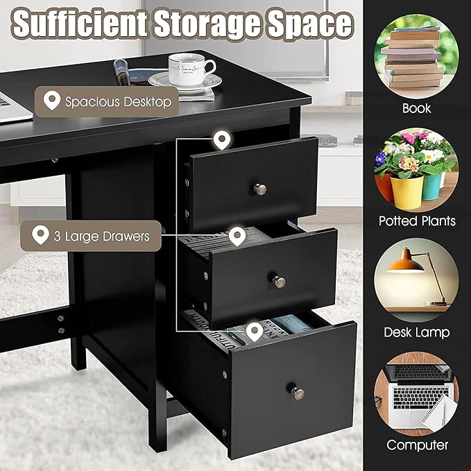 3-Drawer Computer Desk, Black
