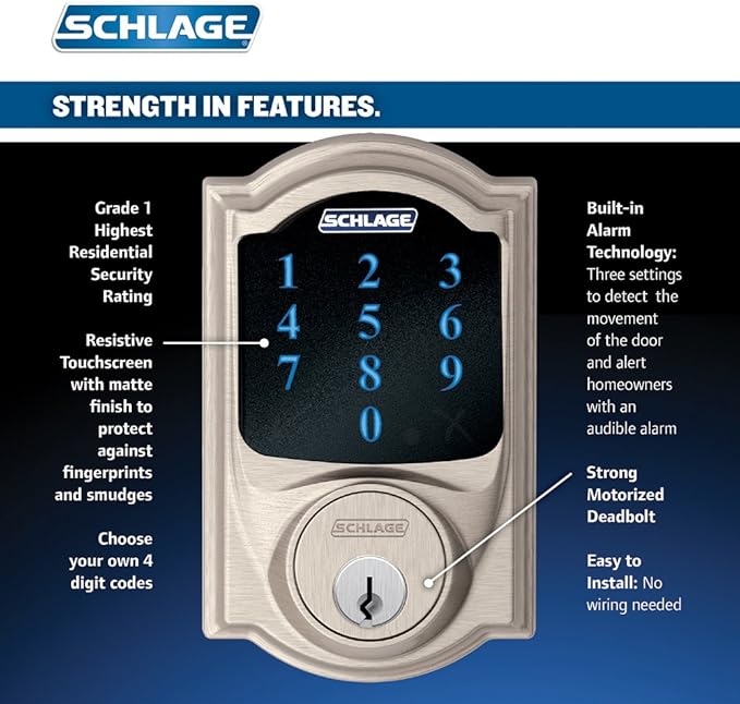 SCHLAGE Connect Camelot Touchscreen Deadbolt with Built-In Alarm and Handleset Grip with Accent Lever, Satin Nickel, FE469NX ACC 619 CAM LH, Works with Alexa
