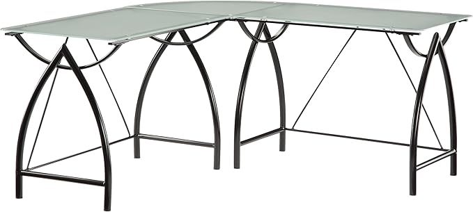 OSP Home Furnishings Newport L-Shaped Computer Desk with Frosted Tempered Glass Top and Black Powder Coated Steel Frame (NWP25L-BK)