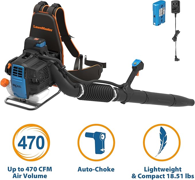 LawnMaster NPTBL31AB No-Pull Backpack Leaf Blower, Gas-Powered with Electric Start, 31cc 2-Cycle Engine, 470CFM, 175MPH