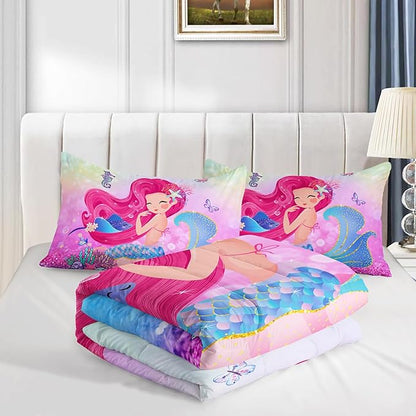 Mermaid Butterfly Comforter Set Queen Size Fairy Tale Sea Shell Grass Bedding Set Colorful Rainbow Quilt Bed Set for Kid Girls with 1 Comforter and 2 Pillowcases