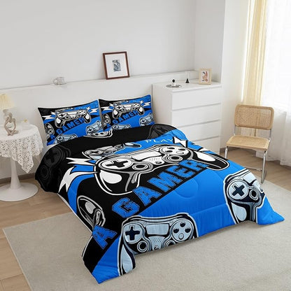 Erosebridal Gamer Comforter Sets for Boys Full Size,Gaming Bedding Sets for Boys Kids Teens Gamepad Gaming Comforter Set Game Room Decor,Blue Black 3Pcs