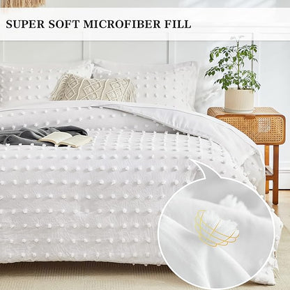 7 Pieces Tufted Dots Bed in a Bag Queen Comforter Set with Sheets White , Soft and Embroidery Shabby Chic Boho Comforters, Solid Color with Pom Pom Design, Jacquard Tufts Bedding Set for All Season