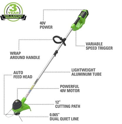 Greenworks 40V (550 CFM / 130 MPH) Brushless Axial Blower + Trimmer, 4.0Ah USB Battery and Charger Included
