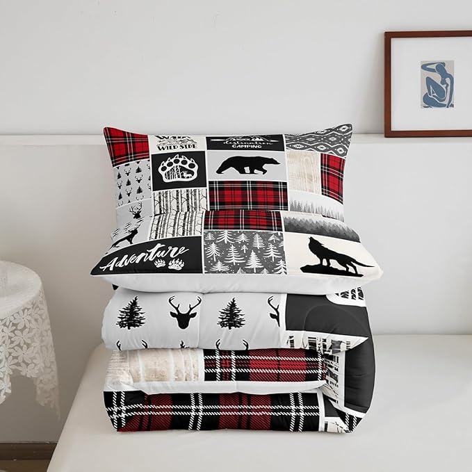Deer Antlers Comforter Set Twin Size,Bear Paws Pine Trees Xmas Bedding Set for Kids Boys Girls Adults Room Decor,Lattices Patchwork Rustic Farmhouse Down Comforter,Red Duvet Insert,1 Pillowcase