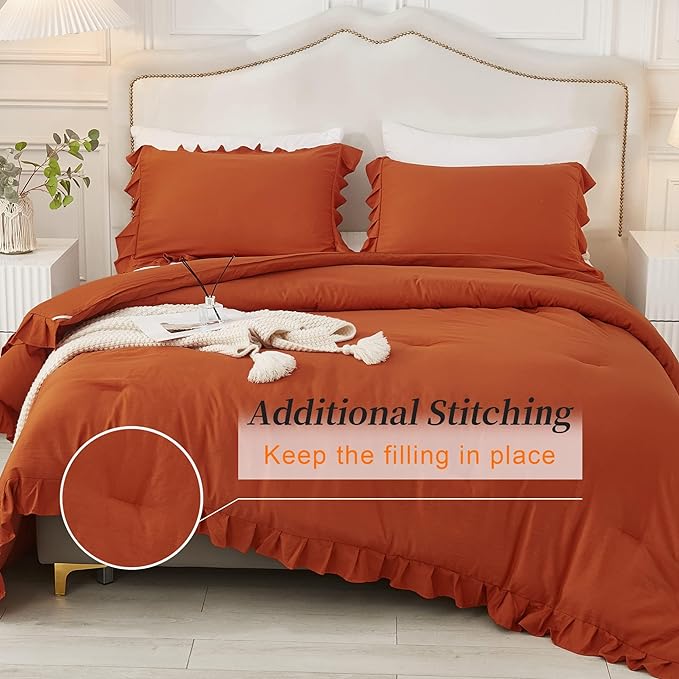 Andency California King Comforter Set Burnt Orange (104x96Inch), 3 Pieces Cal King Ruffle Comforter, Oversized Farmhouse Shabby Chic Bed Comforter, Lighteweight and Soft Microfiber Bedding Set