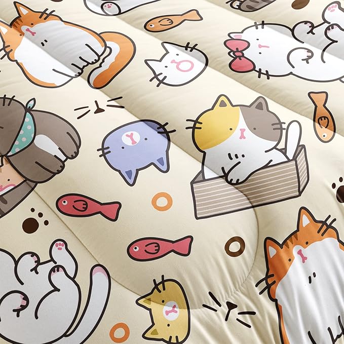 Kawaii Cat Comforter Queen,Kawaii Animals Comforter Set for Kids Teens Girls,3Pcs Bedding Set Printed Comforter with 2 Pillowcases,Down Alternative,Soft and Lightweight，Queen Size