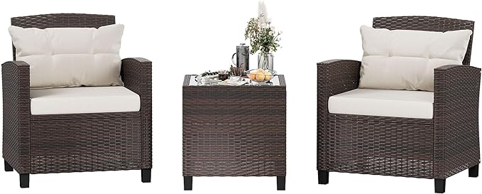 Shintenchi 3 Pieces Patio Furniture Set 3 Pieces PE Rattan Wicker Chairs with Table Outdoor Furniture for Backyard/Garden/Poolside/Outdoor Restaurant Brown Rattan with White Cushion