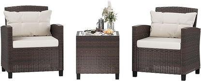 Shintenchi 3 Pieces Patio Furniture Set 3 Pieces PE Rattan Wicker Chairs with Table Outdoor Furniture for Backyard/Garden/Poolside/Outdoor Restaurant Brown Rattan with White Cushion