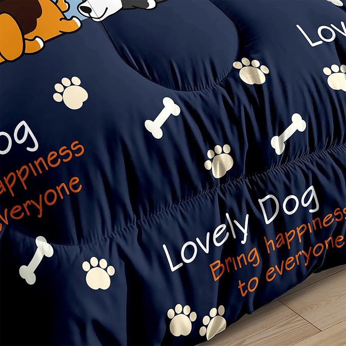 Cute Cartoon Dog Comforter Set 3Pcs Full Comforter Set for Boys Lovely Puppy Patterns Bedding Set Fun Animal Lover Comforter Lovely Dog Paw Bones Quilt with 2 Pillowcases, Full Size