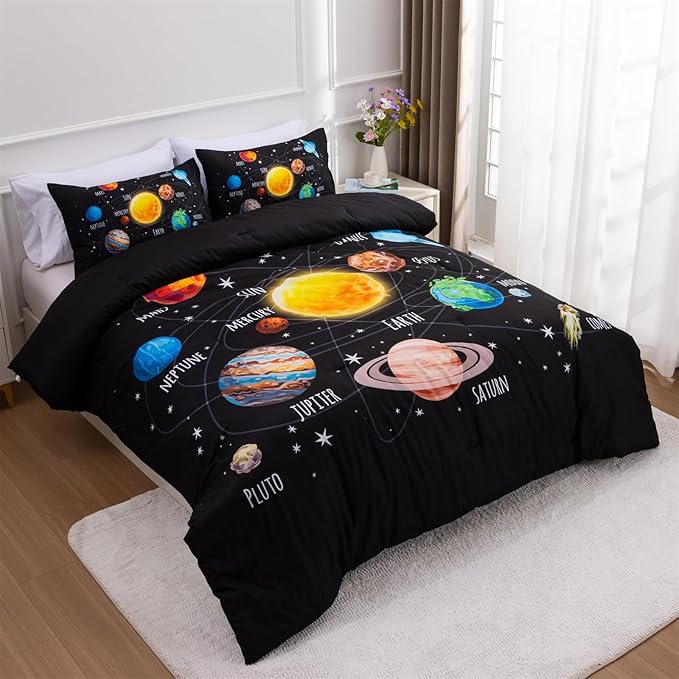 Aimuan Space Comforter Twin Set Kids Rocket Bedding Set Super Soft & Cute Aliens UFO Printed for Boys Girls Teen (Black 1, Twin)