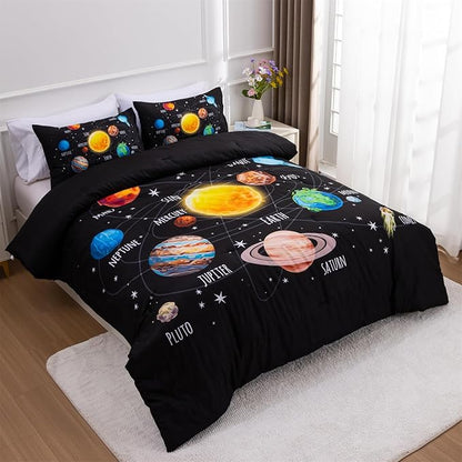 Aimuan Space Comforter Twin Set Kids Rocket Bedding Set Super Soft & Cute Aliens UFO Printed for Boys Girls Teen (Black 1, Twin)