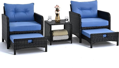 Pamapic 5 Pieces Wicker Patio Furniture Set Outdoor Patio Chairs with Ottomans Conversation Furniture with coffetable for Poorside Garden Balcony(Blue Cushion + Black Rattan)…