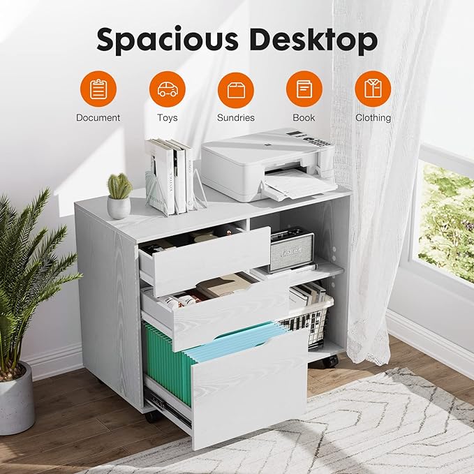 Sweetcrispy 3 Drawer File Cabinet Organizer Lateral Printer Stand Rolling Desk with Adjustable Storage Shelves for Office Home Small Space, White Wood