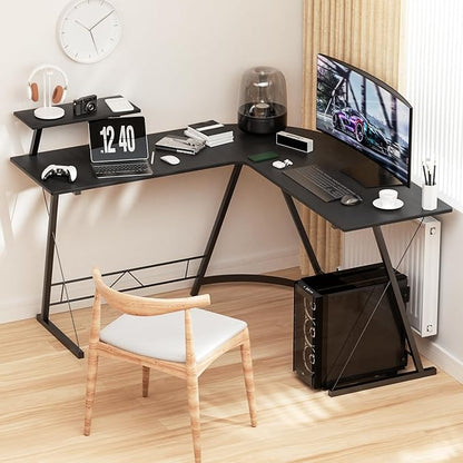 MoNiBloom L Shaped Gaming Desk Computer Corner Table with Metal Frame, L Desk Workstation for Home Office, Space-Saving, Black