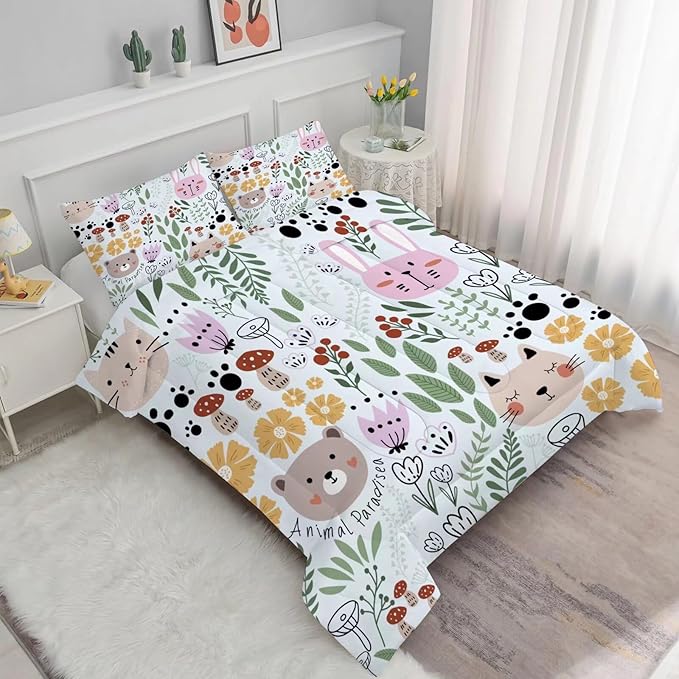 Floral Cartoon Cat Comforter Set Bedding Twin Size for Girls Boys Kids Children Green Animals Print Bedroom Dorm Quilt 1 Comforter + 1 Pillow Case