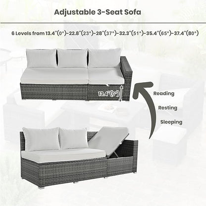 Outdoor Furniture 6-Piece Patio Sofa Set, All Weather PE Rattan Sectional Couch with Tempered Glass Dining Table, Adjustable Seat, Storage Box&Removable Covers, for Garden Backyard, 1, Beige