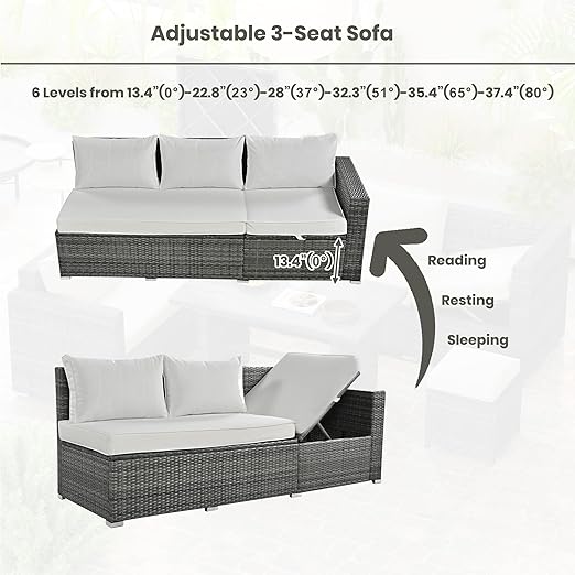 6-Piece Patio Furniture Set, L-Shaped Outdoor PE Wicker Rattan Sectional ConversationSet with Adjustable Seat, Storage Box, Removable Covers and Tempered Glass Top Table, for Backyard