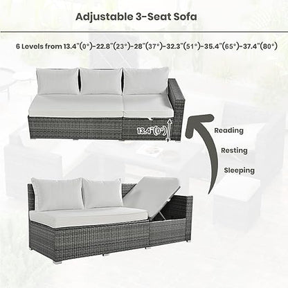 6-Piece Patio Furniture Set, L-Shaped Outdoor PE Wicker Rattan Sectional ConversationSet with Adjustable Seat, Storage Box, Removable Covers and Tempered Glass Top Table, for Backyard