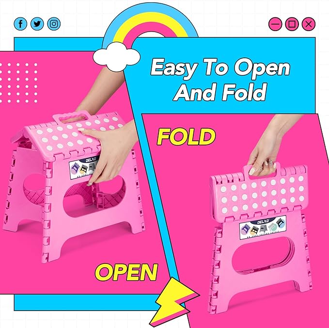 Delxo Folding Step Stool,11 Inch Non-Slip Foldable Step Stools for Kids and Adults,Portable Foldable Step Stool Lightweight Small Folding Stool with Handle for Kitchen Bathroom in Pink,1 Pack