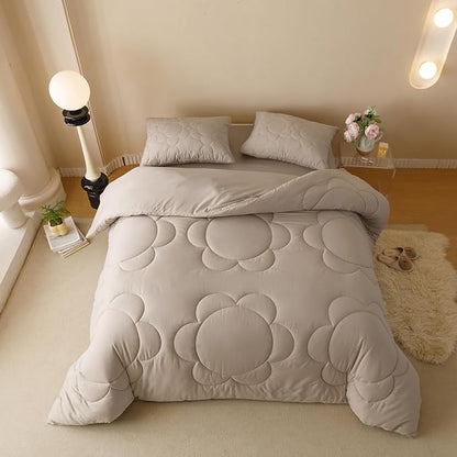 Khaki Flower Comforter Full Light Champagne Sunflower Print Bed Full Comforter 3 PCs Champagne Floral Comforter Set for Boys Girls Teens Bedroom Decor All Season Hotel Quality Comforter