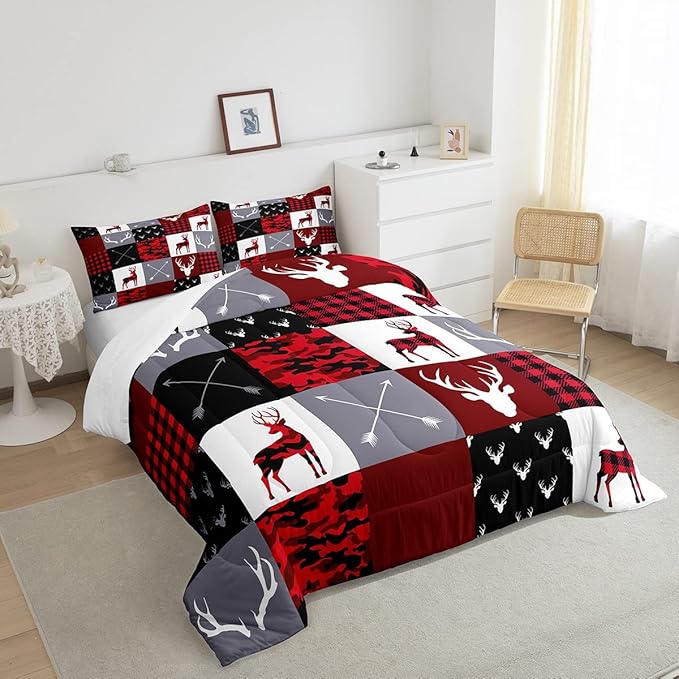 Deer Silhouette Comforter Set Twin Size,Antler Arrow Grid Stripe Design Bedding Duvet 2pcs for Kids Teens Adult Boys Girls Home Room Decoration, Camouflage Christmas Style Red Quilt Set