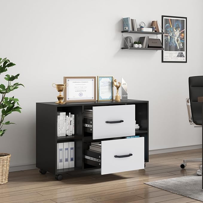 sogesfurniture Mobile Lateral Filing Cabinet with 2 Drawers,Lateral Office Cabinet Printer Stand, Multifunctional Storage Cabinet with Open Shelves and Castors for Home & Office (Black)