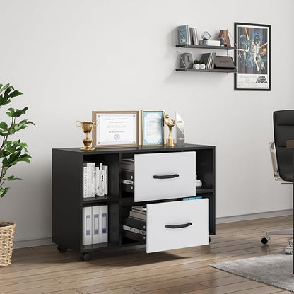 sogesfurniture Mobile Lateral Filing Cabinet with 2 Drawers,Lateral Office Cabinet Printer Stand, Multifunctional Storage Cabinet with Open Shelves and Castors for Home & Office (Black)