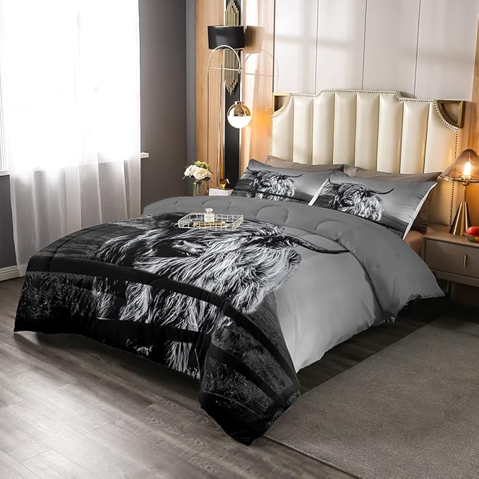 Highland Cow Bedding Set Full Size Grey Bull Cattle Comforter Set Funny Farmhouse Wildlife Animal Duvet Set for Kids Boys Girls Teens Western Cowboy Style Down Comforter Adult Bedroom Decor