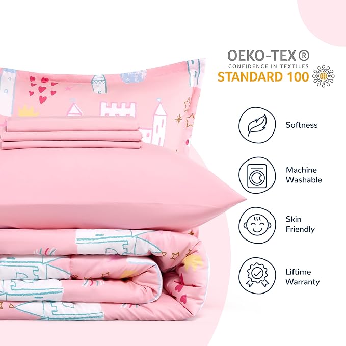SLEEP ZONE Kids Bedding Comforter Set Full/Queen Size - Super Cute & Soft Kids Bedding 7 Pieces Set with Comforter, Sheet, Pillowcase & Sham (Unicorn Castle)