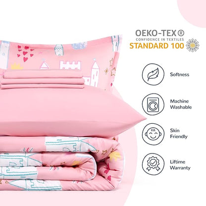 SLEEP ZONE Kids Bedding Comforter Set Full/Queen Size - Super Cute & Soft Kids Bedding 7 Pieces Set with Comforter, Sheet, Pillowcase & Sham (Unicorn Castle)