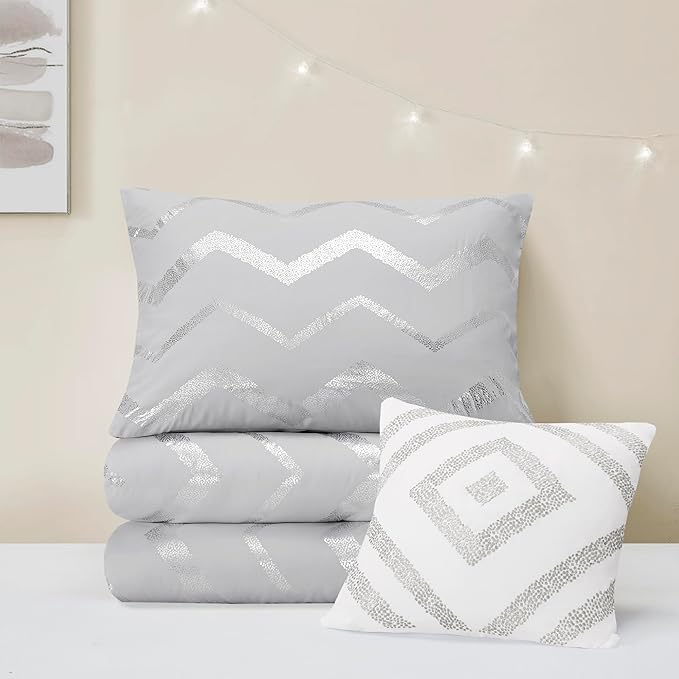 Codi Ziggy Metallic Grey Comforter Set Twin/Twin XL Size, Silver Bedroom Decor for Girls Room, 3 Piece Bedding Sets (2 Matching Sham + 1 Decorative Pillow)