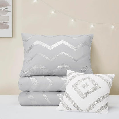 Codi Ziggy Metallic Grey Comforter Set Twin/Twin XL Size, Silver Bedroom Decor for Girls Room, 3 Piece Bedding Sets (2 Matching Sham + 1 Decorative Pillow)