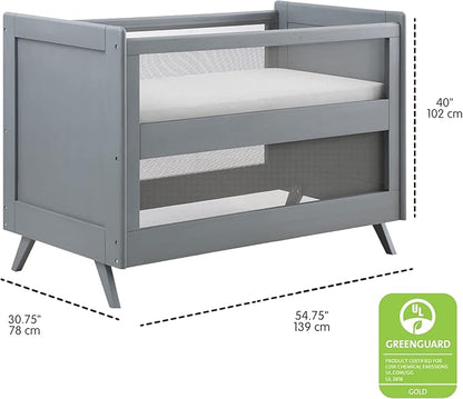 BreathableBaby Breathable Mesh 3-in-1 Convertible Crib (Toddler Bed Kit Sold Separately) — Gray — Two Adjustable Mattress Heights — Greenguard Gold Certified