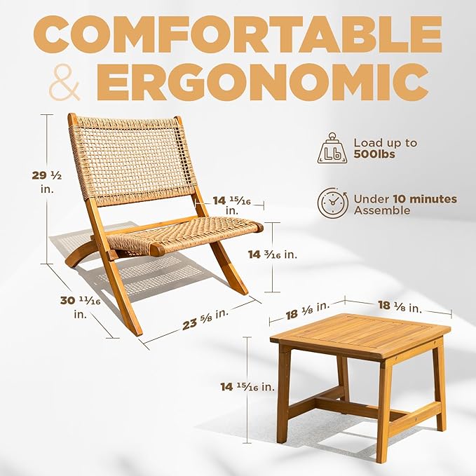 Twisted Wicker Wood Foldable Reclining Bistro Set