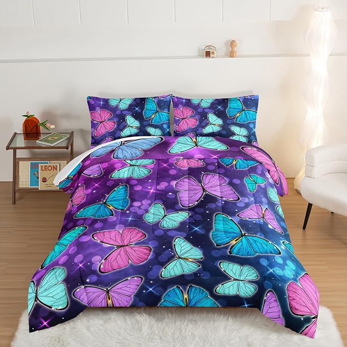 HOSIMA Butterfly Comforter Set with 2 Pillowcases,Glitter Purple Blue Butterfly Printed Bedding Set Full Size Bed in a Bag Set,Starry Sky Galaxy Comforter Butterfly Room Decor Aesthetics.
