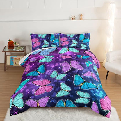 HOSIMA Butterfly Comforter Set with 2 Pillowcases,Glitter Purple Blue Butterfly Printed Bedding King Size Comforter Set for Adults Kids,Starry Sky Galaxy Comforter Butterfly Room Decor Aesthetics.