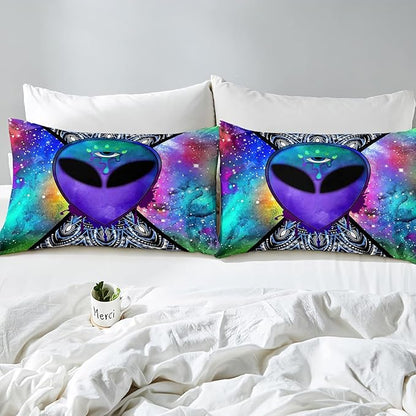 Trippy Alien Comforter Set Full Galaxy Hippie Bedding Set for Kids Boys Teens Trippy Room Decor, Outer Space Solar System Duvet Sets Boho Psychedelic Tie Dye Down Comforter with 2 Pillow Cases