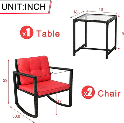 FDW 3 Piece Wicker Patio Furniture Sets Rocking Chair Outdoor Bistro Set Patio Set Rattan Chair Conversation Set with Porch Chairs and Coffee Table,Red