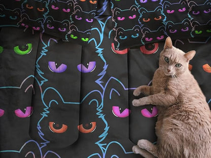 Sunnycitron Cartoon Cat Bedding Full size Black Cat Comforter Gradient Line Bedding set 3D Neon Cat Comforter Cute Cat Bed Set Black Cat Quilt set for Teens Kids Boys Girls Adults