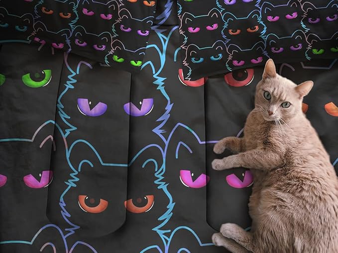 Sunnycitron Cartoon Cat Bedding Queen Comforter set Black Cat Comforter set Gradient Line Cat Quilt 3D Neon Cat Bed set Black Cat Bedding set for Teens Kids Boys Girls Adults