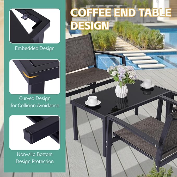 4 Pieces Patio Furniture Set Outdoor Garden Patio Conversation Sets Poolside Lawn Chairs with Tempered Glass Coffee Table Loveseat Porch Furniture Textilene Fabric Brown