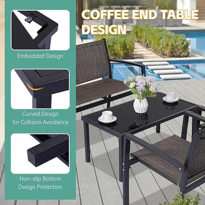 4 Pieces Patio Furniture Set Outdoor Garden Patio Conversation Sets Poolside Lawn Chairs with Tempered Glass Coffee Table Loveseat Porch Furniture Textilene Fabric Brown