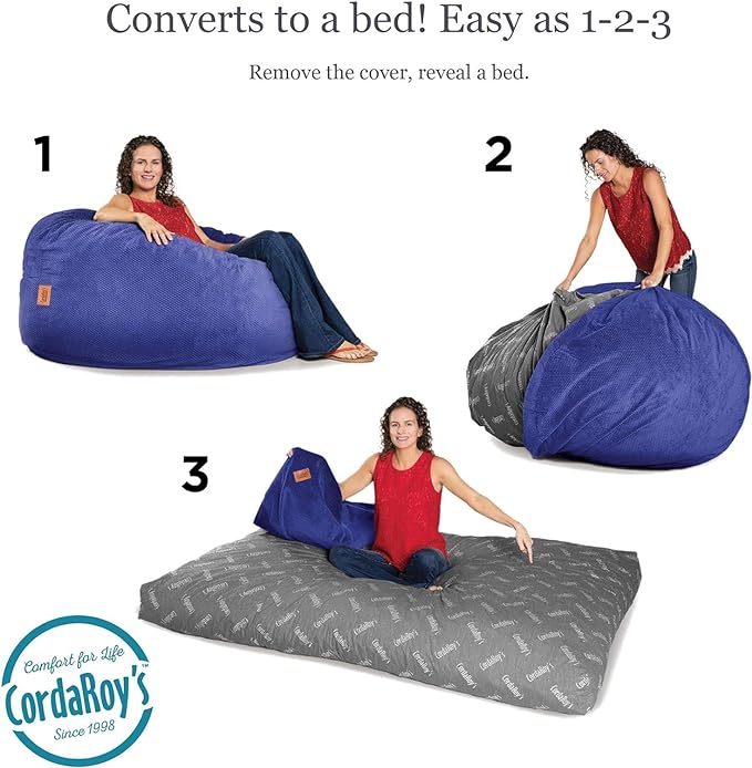CordaRoy's Chenille Bean Bag Chair, Convertible Chair Folds from Bean Bag to Lounger, As Seen on Shark Tank, Navy - Full Size